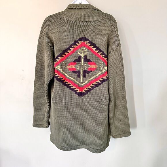 VTG Eddie Bauer Cardigan Sweater Women M Aztec Navajo Southwestern Green Pockets - Picture 6 of 11
